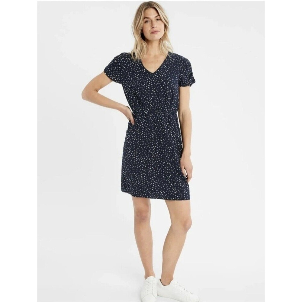 Banana Republic Puff Sleeve Fit & Flare Dress Navy Blue With Hearts